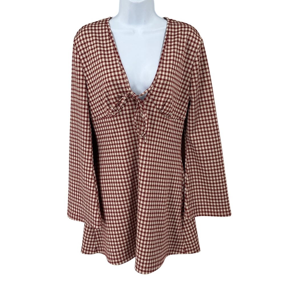 Cider Gingham Mini Dress Womens Large Red Checkered Long Bell Sleeve Boho
